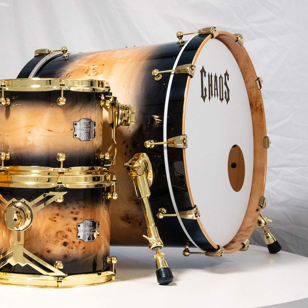 Chaos Elite Custom Drum Kit Maple & Mappa Burl Re-Rings - Black Natural Burst