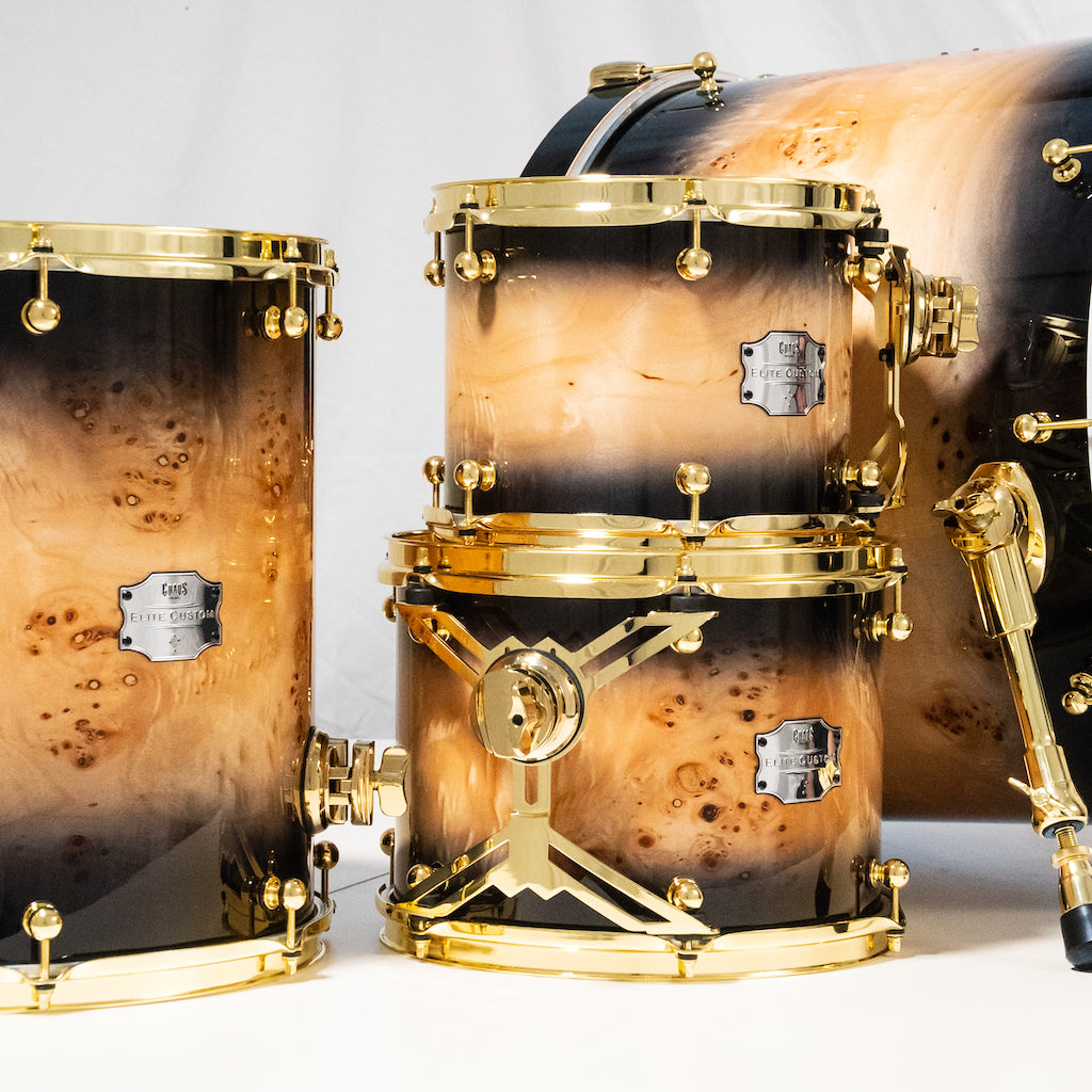 Chaos Elite Custom Drum Kit Maple & Mappa Burl Re-Rings - Black Natural Burst