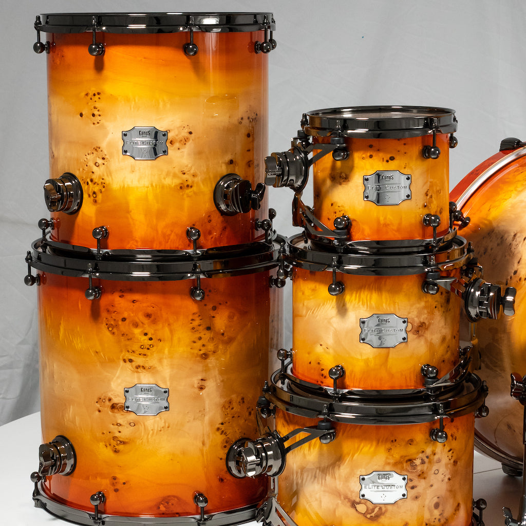 Chaos Elite Custom Drum Kit Maple & Mappa Burl Re-Rings - Orange Natural Burst