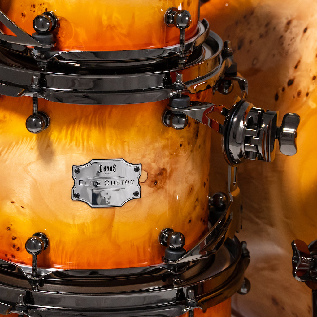 Chaos Elite Custom Drum Kit Maple & Mappa Burl Re-Rings - Orange Natural Burst