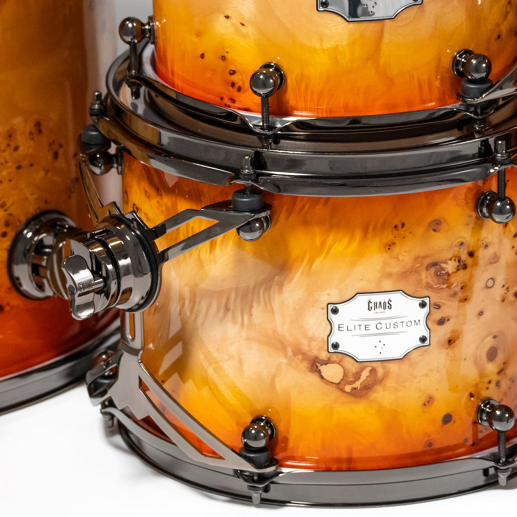 Chaos Elite Custom Drum Kit Maple & Mappa Burl Re-Rings - Orange Natural Burst