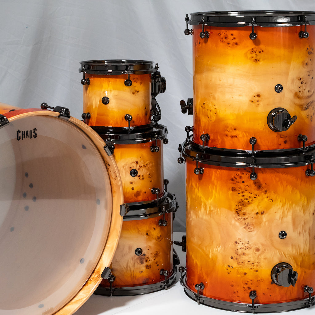 Chaos Elite Custom Drum Kit Maple & Mappa Burl Re-Rings - Orange Natural Burst