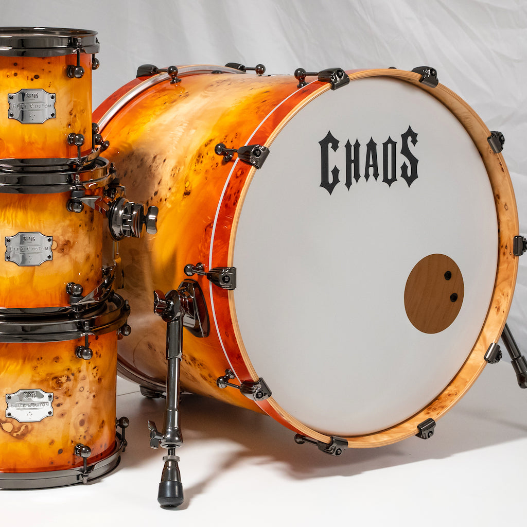 Chaos Elite Custom Drum Kit Maple & Mappa Burl Re-Rings - Orange Natural Burst