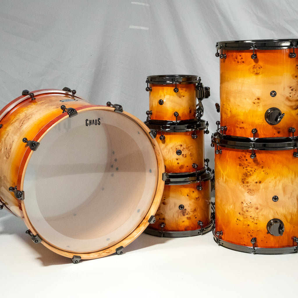 Chaos Elite Custom Drum Kit Maple & Mappa Burl Re-Rings - Orange Natural Burst
