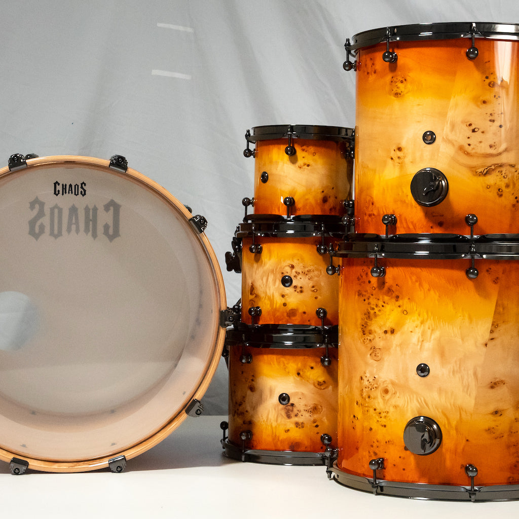 Chaos Elite Custom Drum Kit Maple & Mappa Burl Re-Rings - Orange Natural Burst