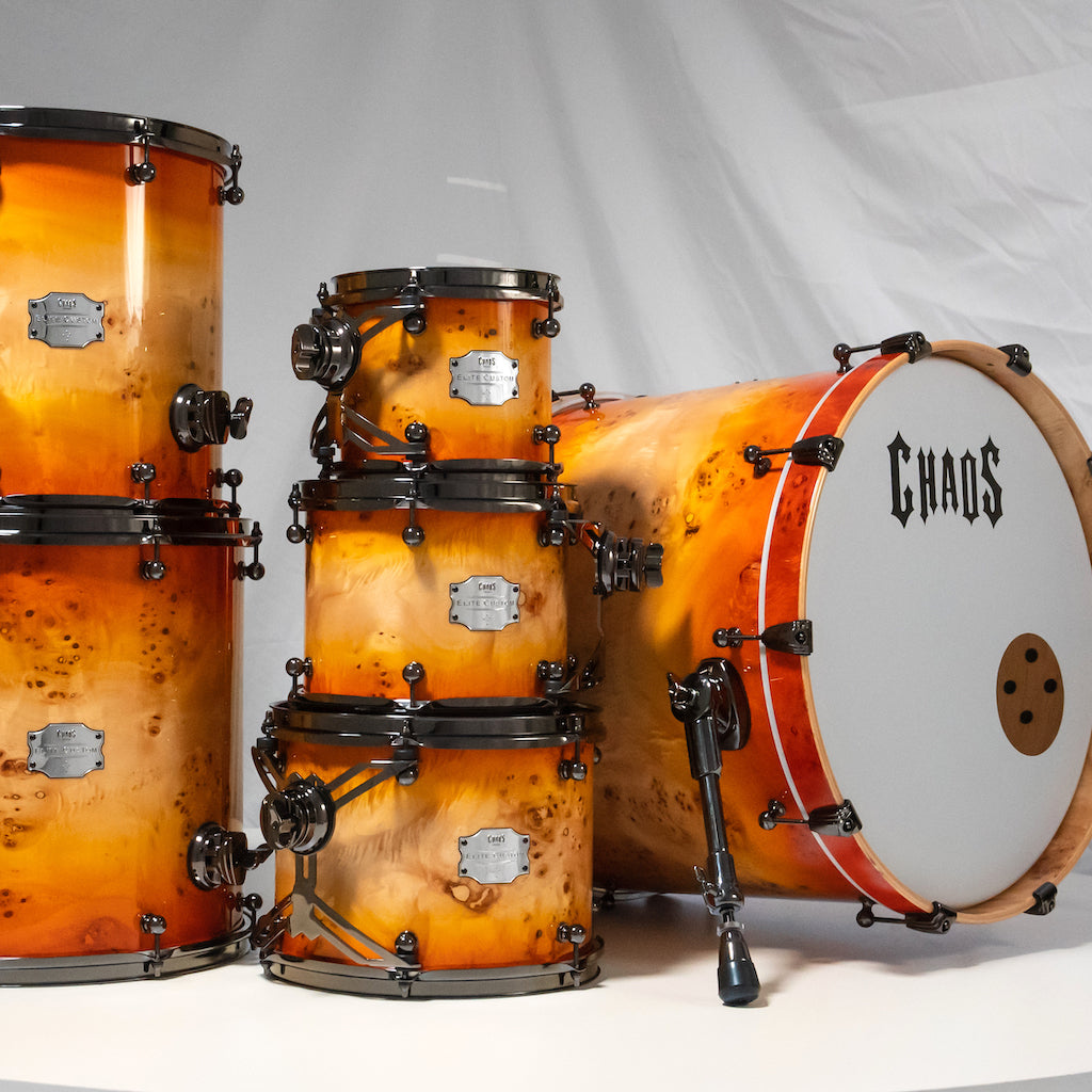 Chaos Elite Custom Drum Kit Maple & Mappa Burl Re-Rings - Orange Natural Burst