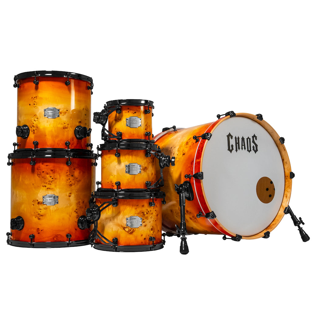 Chaos Elite Custom Drum Kit Maple & Mappa Burl Re-Rings - Orange Natural Burst