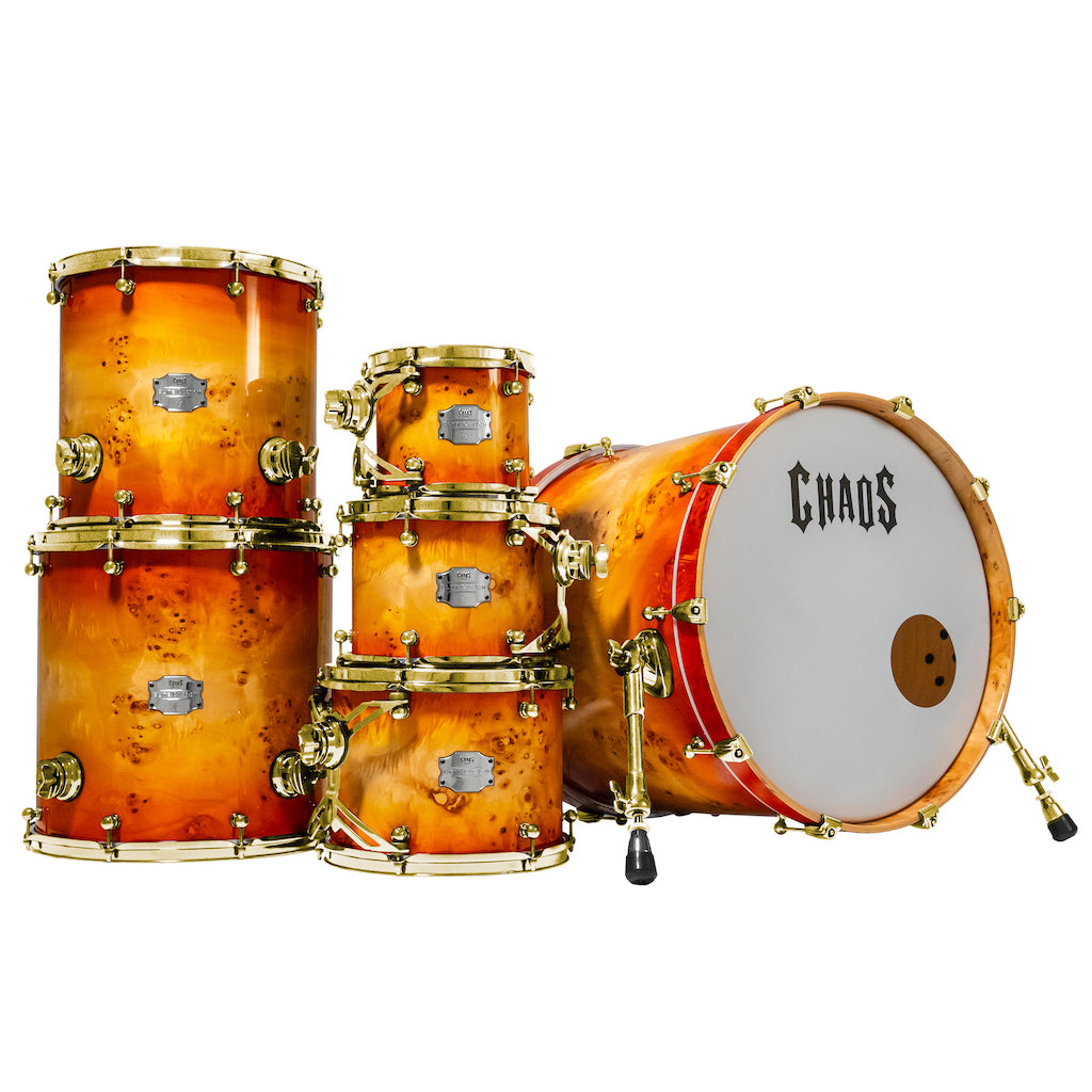 Chaos Elite Custom Drum Kit Maple & Mappa Burl Re-Rings - Orange Natural Burst