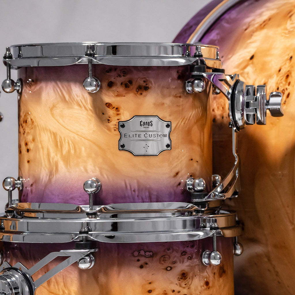 Chaos Elite Custom Drum Kit Maple & Mappa Burl Re-Rings - Purple Natural Burst