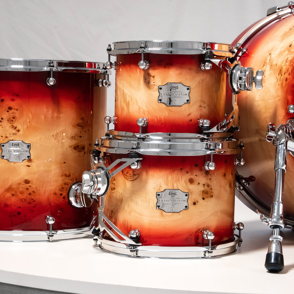 Chaos Elite Custom Drum Kit Maple & Mappa Burl Re-Rings - Red Natural Burst