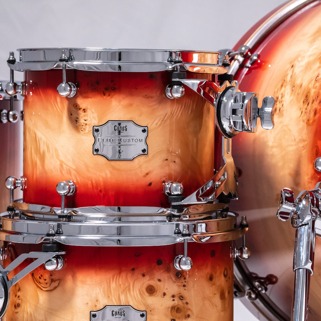 Chaos Elite Custom Drum Kit Maple & Mappa Burl Re-Rings - Red Natural Burst