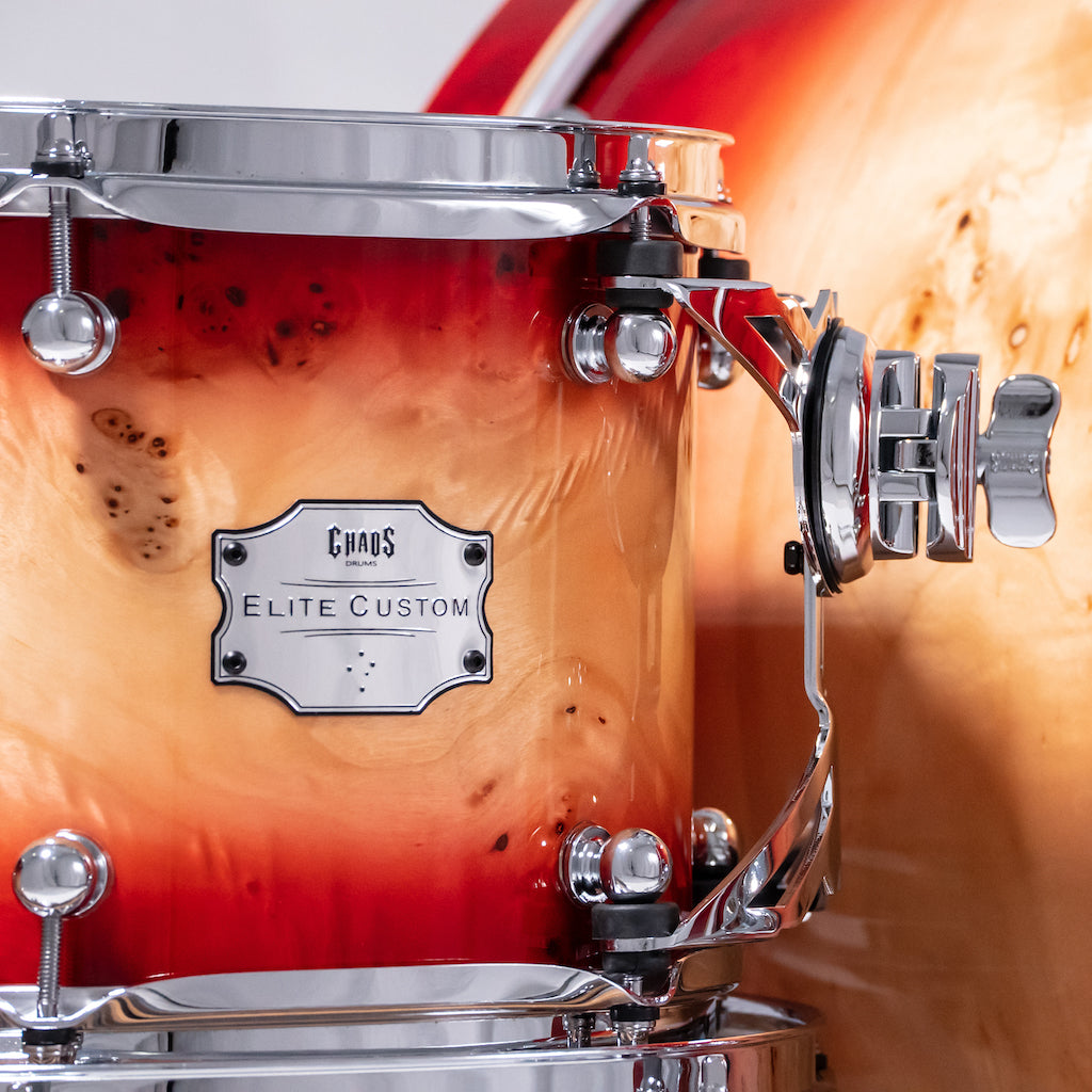 Chaos Elite Custom Drum Kit Maple & Mappa Burl Re-Rings - Red Natural Burst