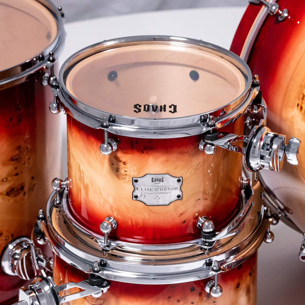 Chaos Elite Custom Drum Kit Maple & Mappa Burl Re-Rings - Red Natural Burst