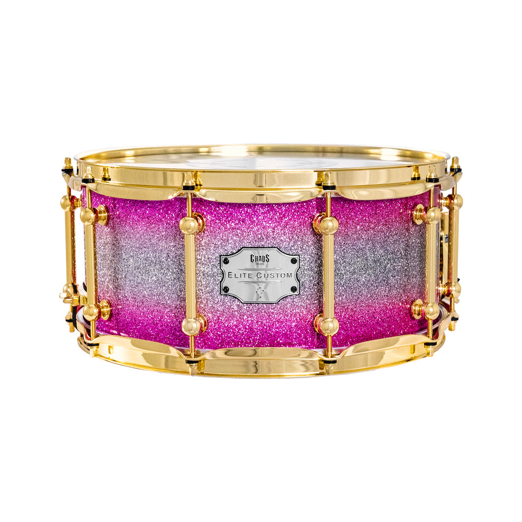 Chaos Elite Custom 14x6.5 Walnut Re-Ring Snare Drum - Pink & Silver Sparkle