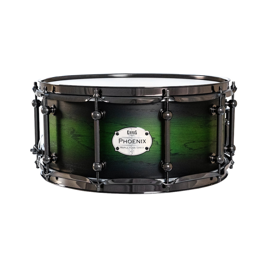 Chaos Phoenix II 14x6.5 Maple & Oak Snare Drum - Green Burst