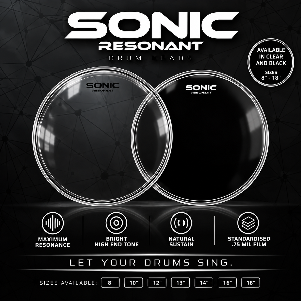 Sonic Resonant 16'' Black Drum Head