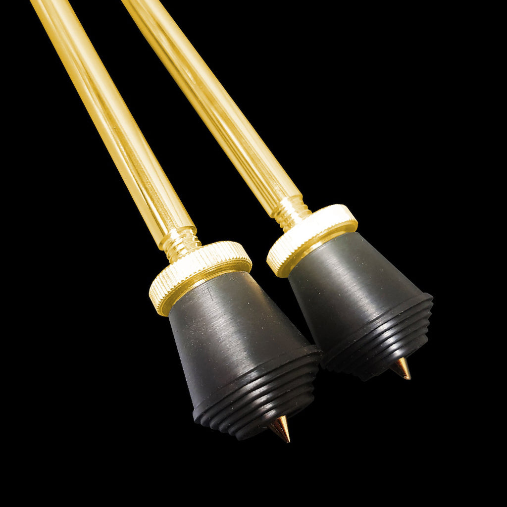 Close Up of a Pair of DFP Vintage Bass Drum Spurs in Brass Finish