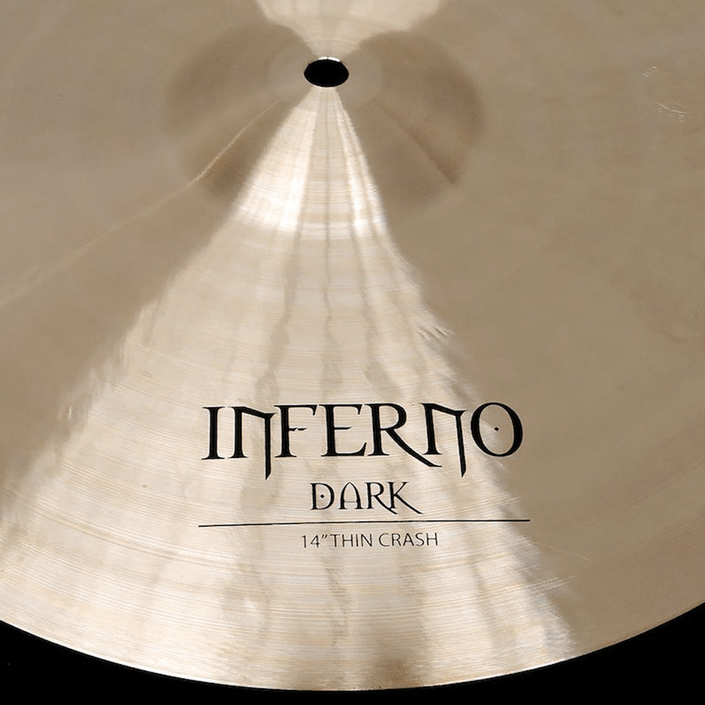 Close up of Rech Inferno Dark 14" Thin Crash Cymbal