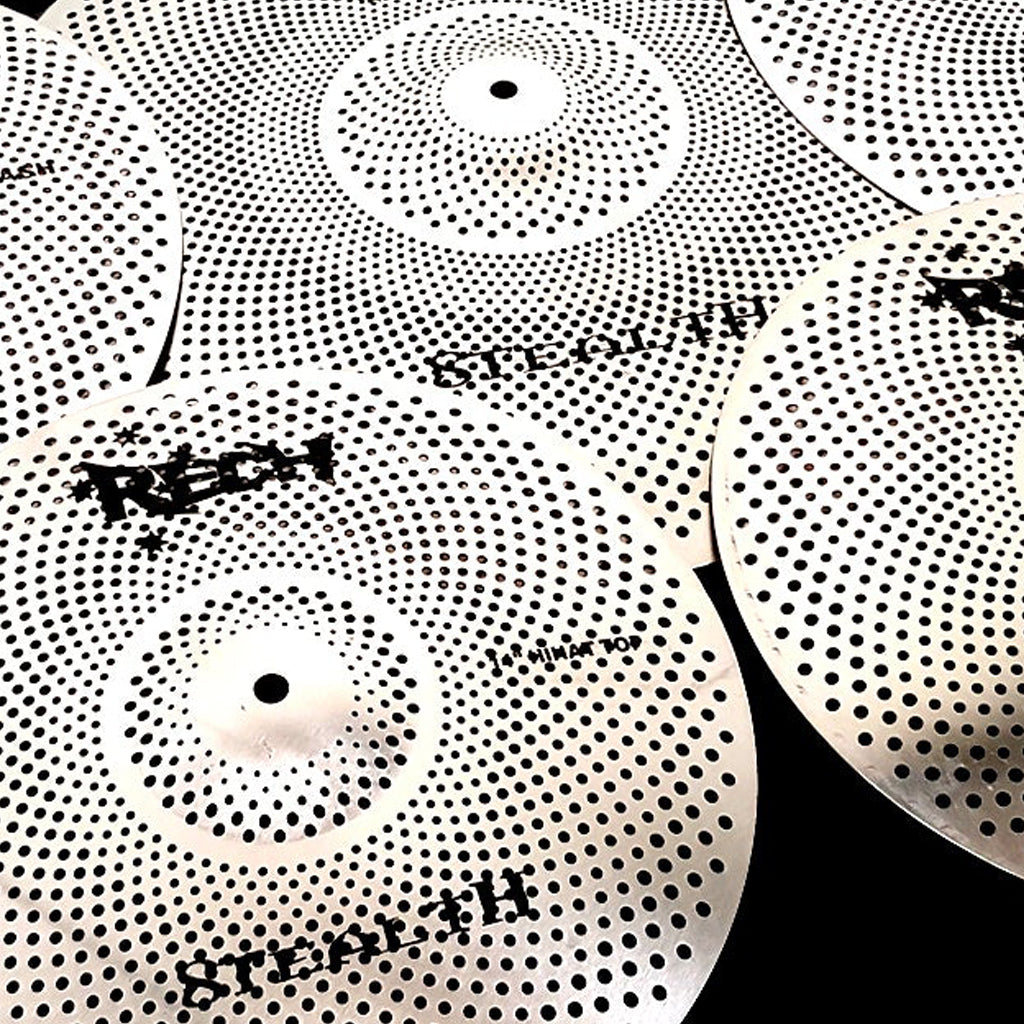 Close Up of Rech Stealth 5 Piece Low Volume Cymbal Pack Set