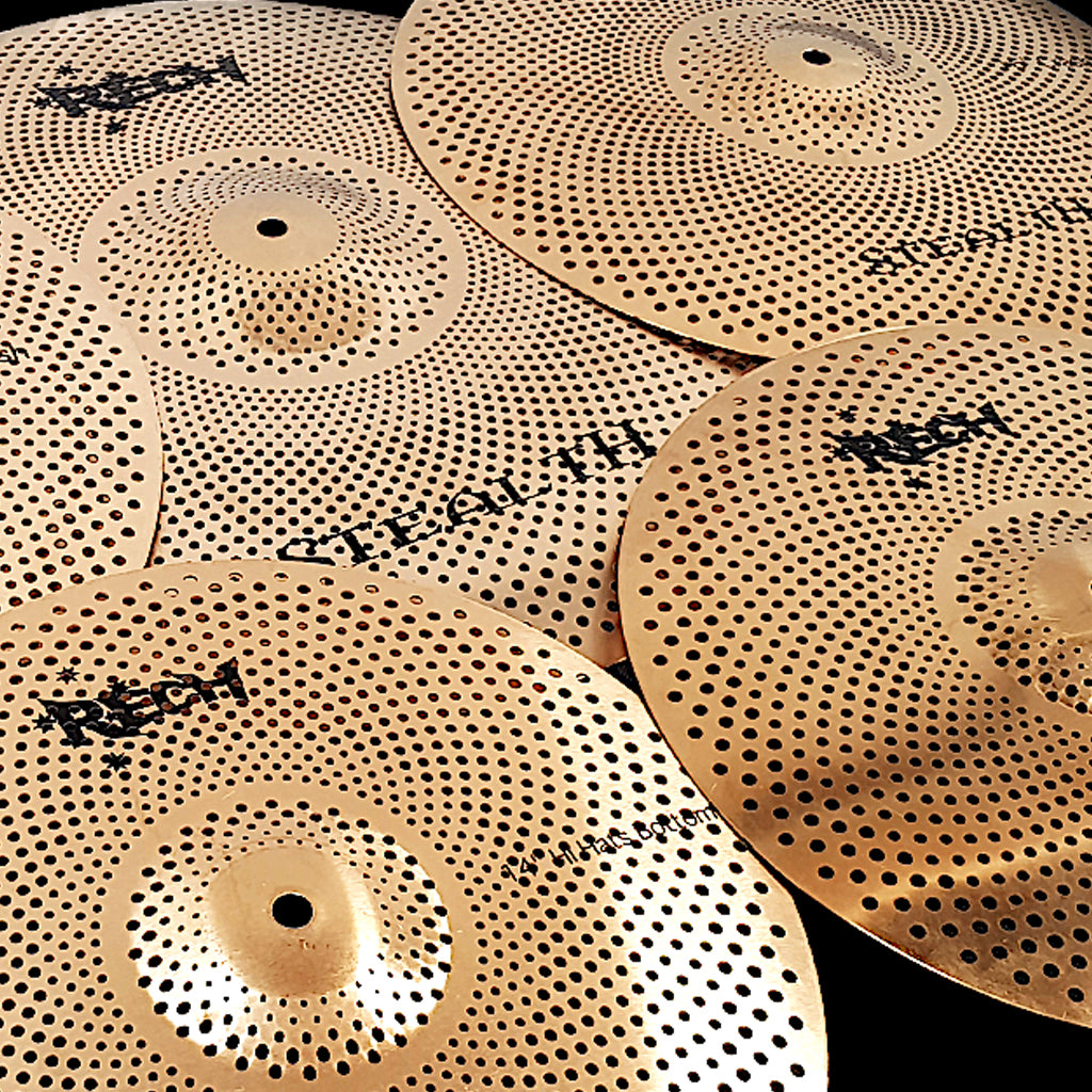 Close Up of Rech Stealth Gold 5 Piece Low Volume Cymbal Pack Set
