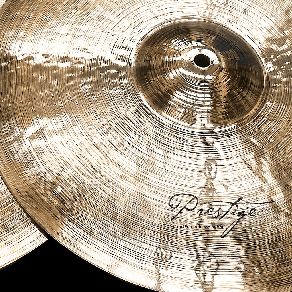 Close Up of Rech Prestige 15" Medium Thin Hi Hat Cymbals